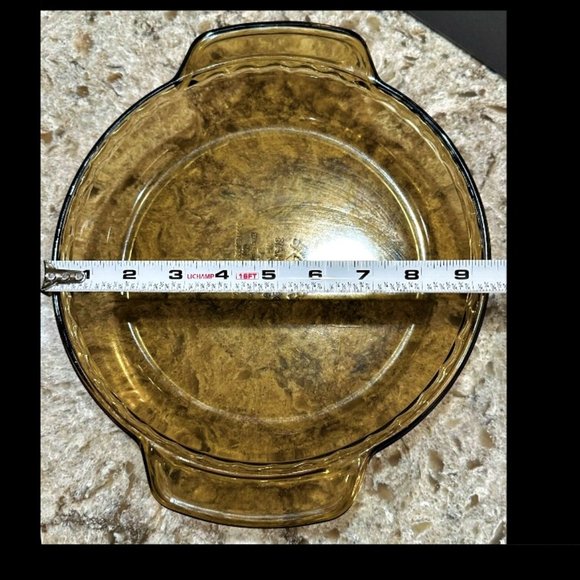 Smokey Brown 9" Glass Pie Pan Deep Dish Scalloped Edge Handles Vintage Lovenware - Picture 6 of 6